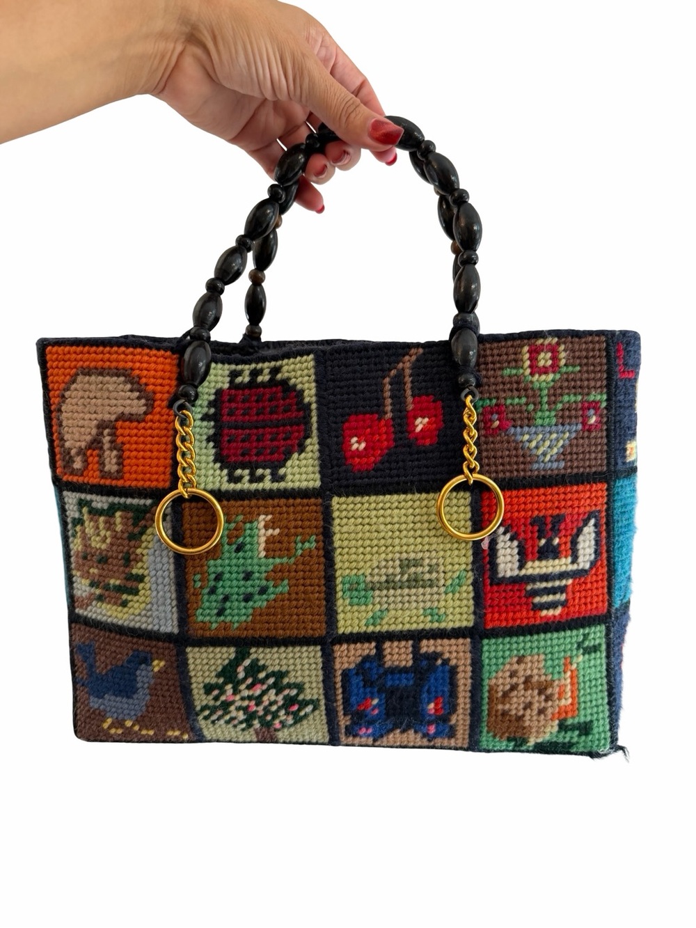 Vintage Needlepoint Patchwork Beaded Handle Handbag Floral Cottagecore - Picture 2 of 8